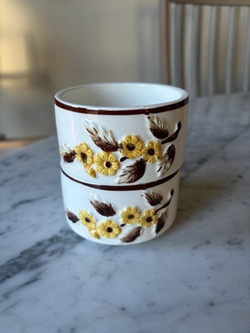 Mid Century MCM Yellow Floral Ceramic Bowls Set of 2 White Brown Round Pottery